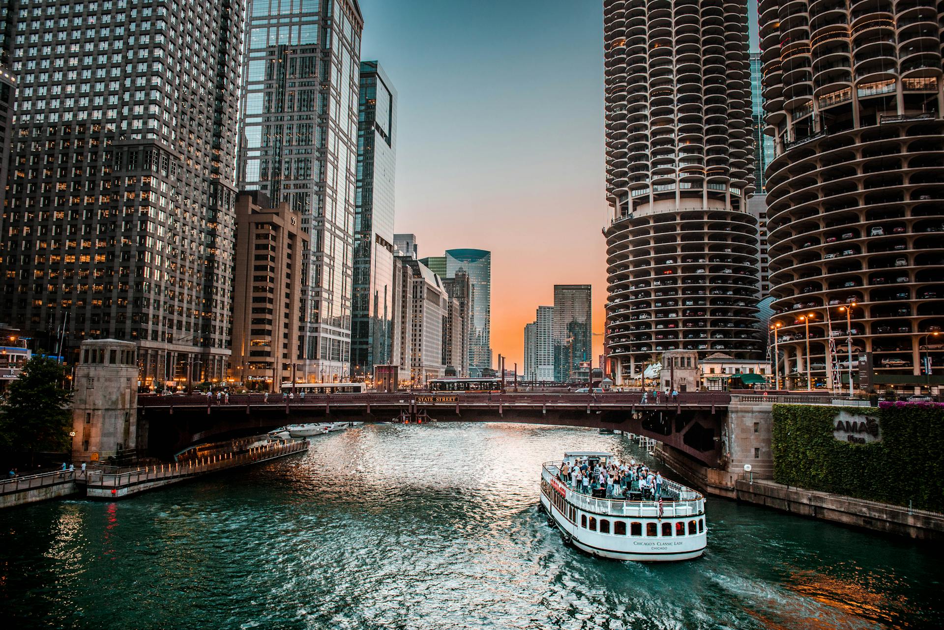 Chicago River Tour Passing Under A Bridge During Architecture Cruise